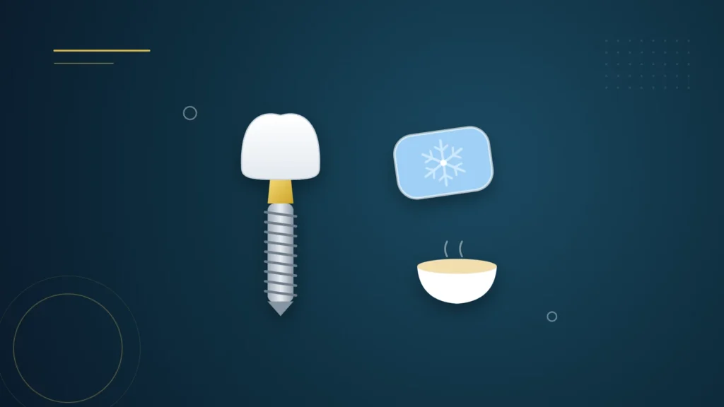 Illustration : un implant dentaire, une poche de froid et un bol de repas tiède