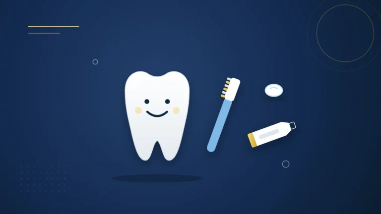 Illustration : une dent d'enfant souriante, une brosse à dents et un petit pois de dentifrice