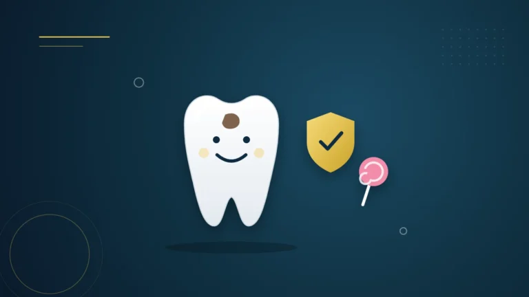 Illustration : une dent de lait souriante avec un début de carie, un bouclier et une sucette