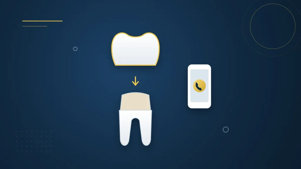 Illustration : une couronne dentaire décollée au-dessus de la dent et un téléphone