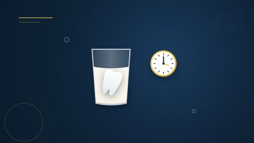 Illustration : une dent conservée dans un verre de lait et une horloge