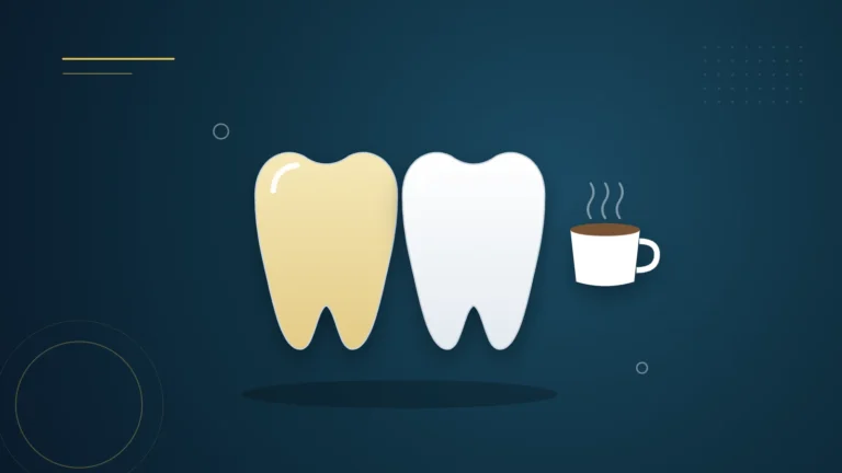 Illustration : une dent jaunie à côté d'une dent claire et une tasse de café