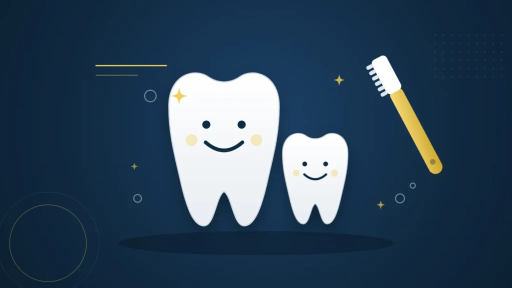 Illustration d'une grande dent et d'une petite dent de lait souriantes, avec une brosse à dents dorée, sur fond bleu marine