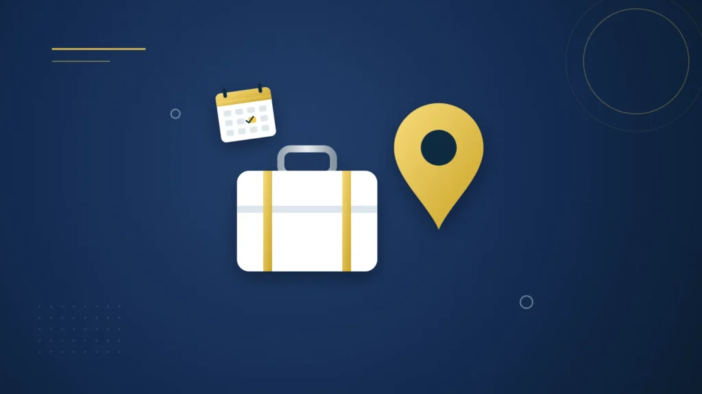 Illustration : une valise de voyage, un repère de localisation et un calendrier